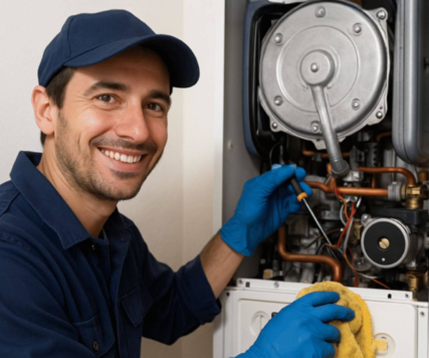 Tecnico caldaie durante la pulizia caldaia a gas, operazione essenziale per la manutenzione e il controllo fumi caldaia