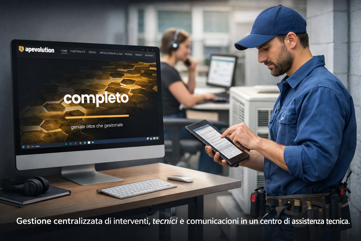 un tecnico che lavora con un software per centri di assitenza tecnica